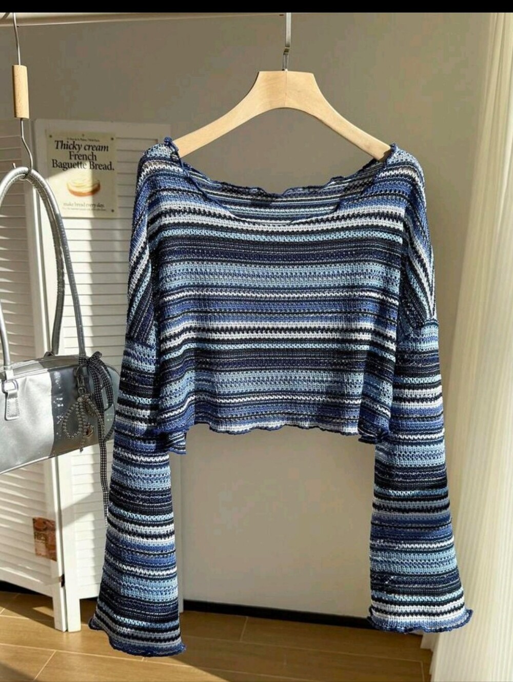 Striped Blue Crochet Cropped Sweater with Flared Sleeves